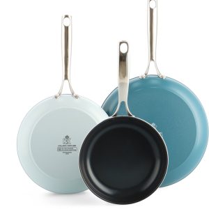 BK Sky Blue keramische inductie koekenpannenset 3 delig test oven