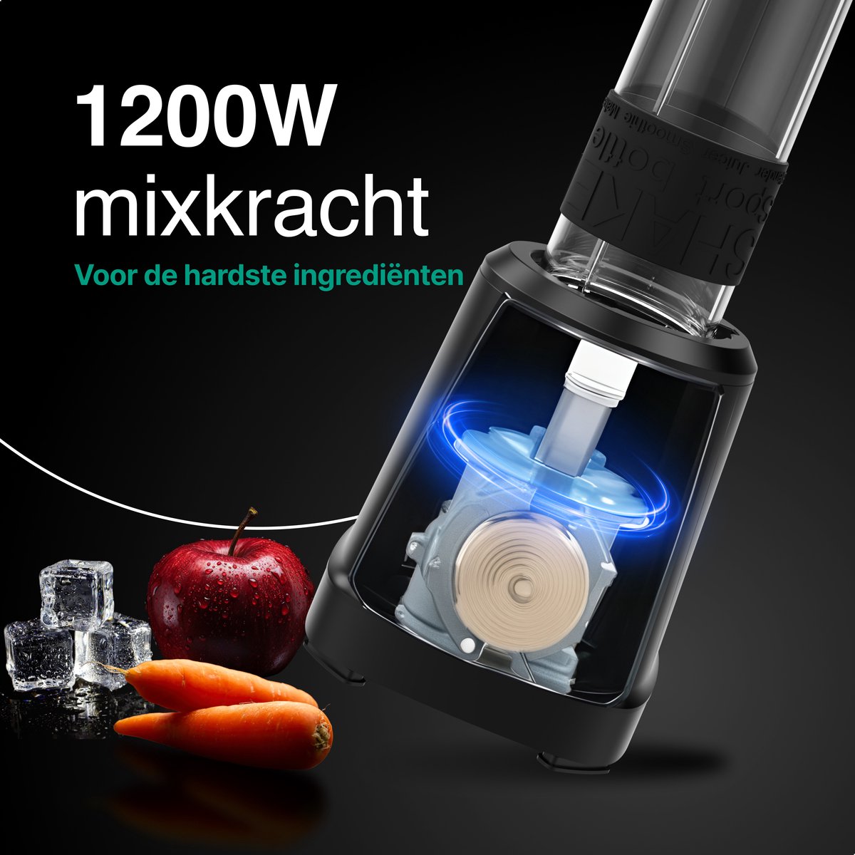 Blender 1200W - 1.5L - Smoothie Maker - Inclusief beker to go 570ml - Glas - Zwart - Vivid Green review: crushed ice