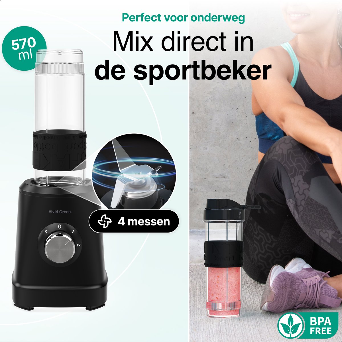 Blender 1200W - 1.5L - Smoothie Maker - Inclusief beker to go 570ml - Glas - Zwart - Vivid Green review: crushed ice