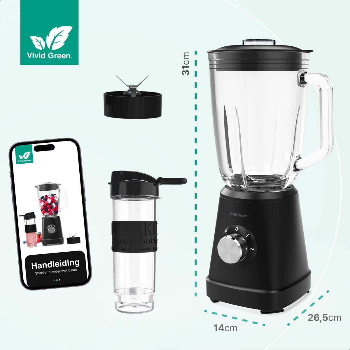 Blender 1200W - 1.5L - Smoothie Maker - Inclusief beker to go 570ml - Glas - Zwart - Vivid Green review: crushed ice