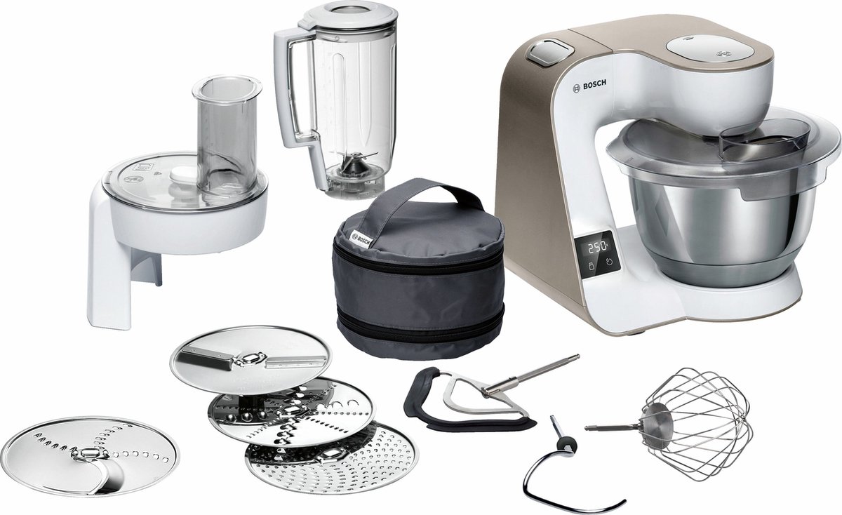 Bosch MUM5 - MUM5XW20 - Keukenmachine - 1000W - 3,9L - Met Weegschaal en Timer - Champagne test: sneller deeg kneden