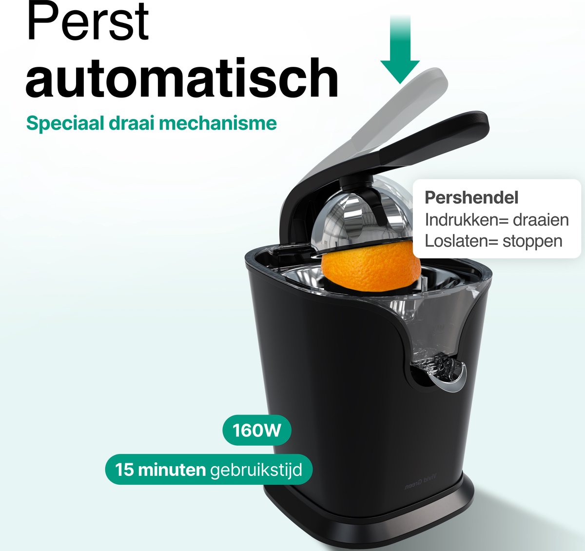 Elektrische Citruspers met Instelbaar Pulpfilter - 160W - 650ml - Sinaasappelpers -Zwart - Vivid Green review: snelle sapopbrengst en sterke prestaties