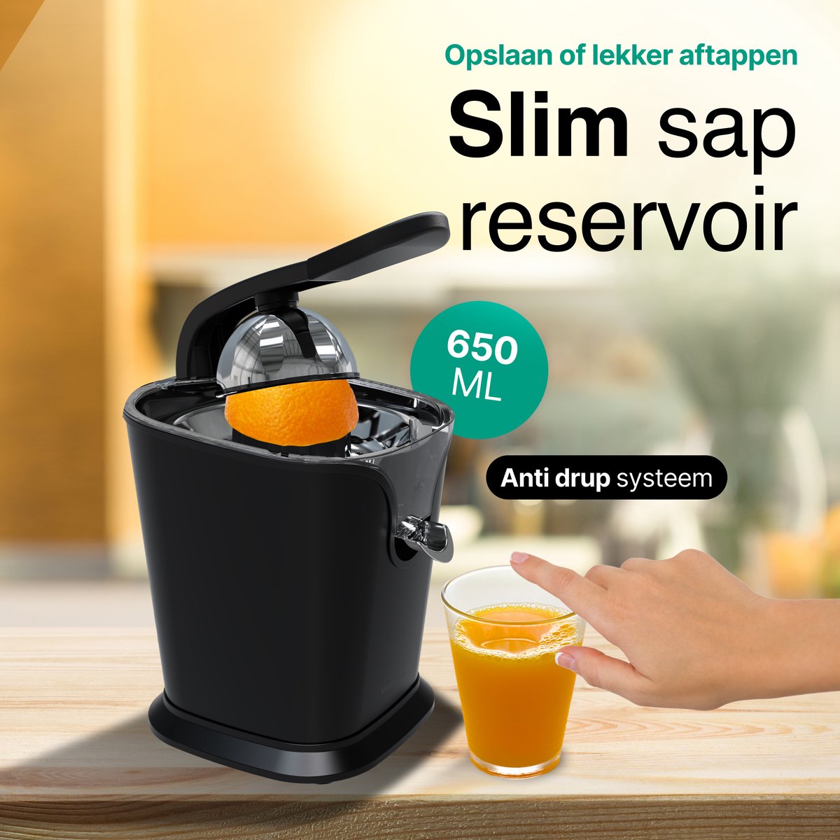 Elektrische Citruspers met Instelbaar Pulpfilter - 160W - 650ml - Sinaasappelpers -Zwart - Vivid Green review: snelle sapopbrengst en sterke prestaties