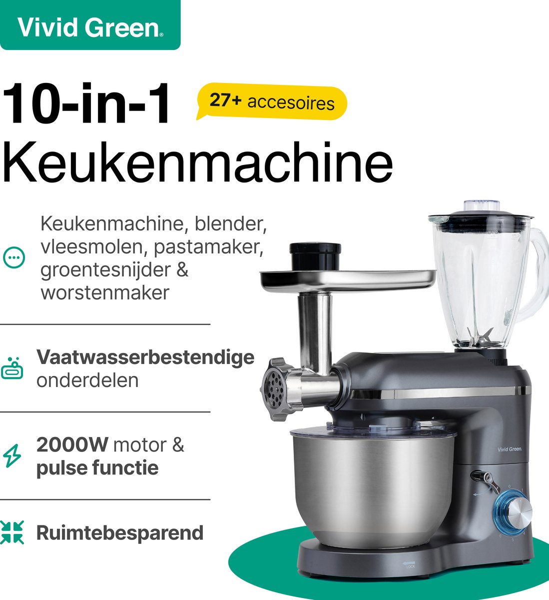 Keukenmachine multifunctioneel 2000W test: 6,2L kom keukenrobot