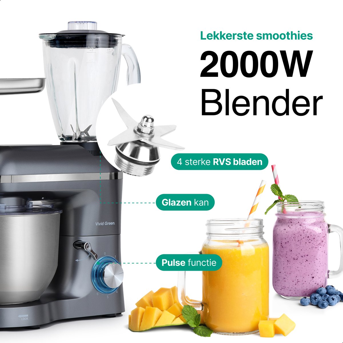 Keukenmachine multifunctioneel 2000W test: 6,2L kom keukenrobot