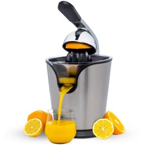 KitchenBrothers Citruspers - Elektrische Sinaasappelpers en Citroenpers met Pershendel - RVS - Zwart review: snel vers sap, keukenapparaat