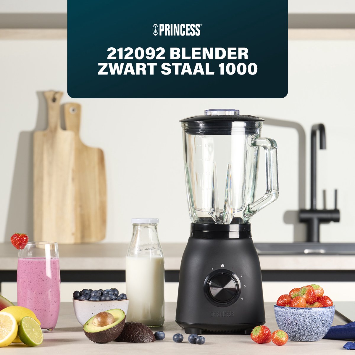 Princess 212092 Black Steel Blender 1000 - 4 Snelheden – Krachtig 1000W - 1.5 L - Glaskan test: smoothies en ijs crushen, beste blender