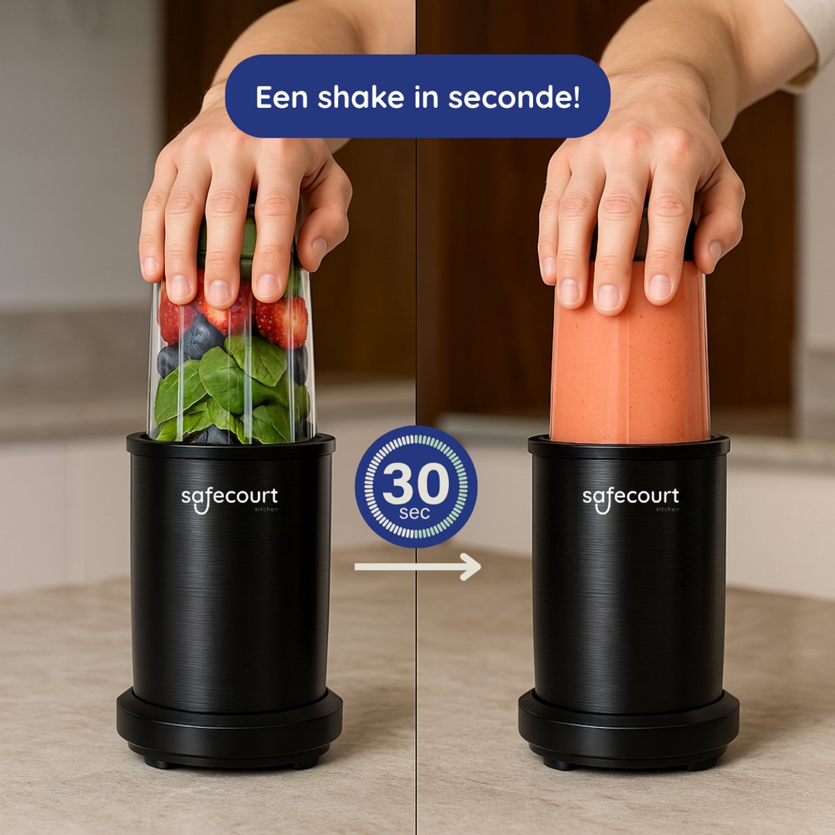 Safecourt Kitchen Power Blender – 1200W – Smoothie Maker voor IJs & Bevroren Fruit – BPA-vrij – To-Go Beker – Zwart review: razendsnel ijs crushen, beste blender voor smoothies