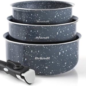 Set van 3 sauspannen met afneembaar handvat - Grijs marmer / Zwart review: ruimtebesparende anti-aanbak pannen