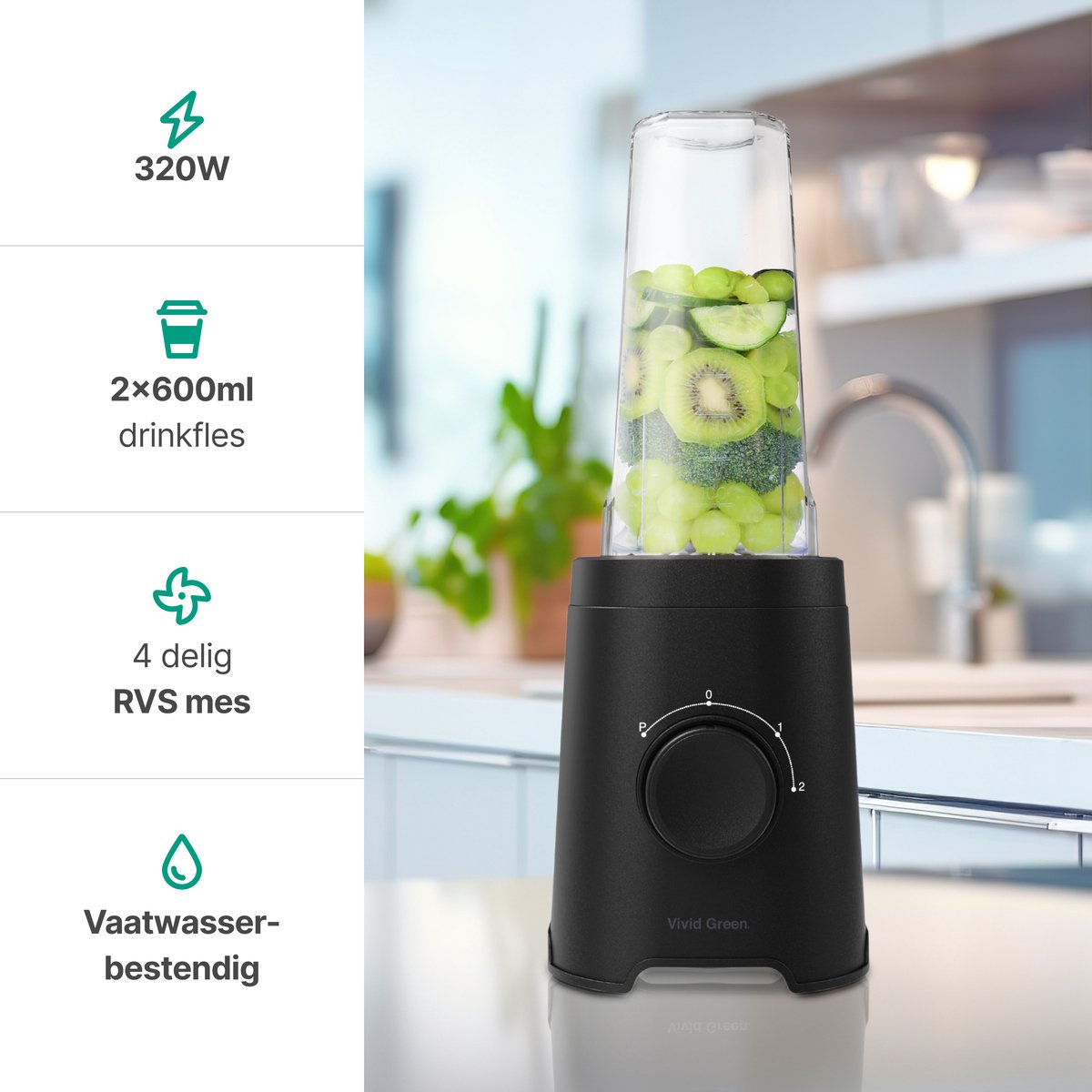 Smoothie Blender to go met 2x Beker 600ML – Maker - Zwart – Vivid Green review: onderweg smoothies, beste koop