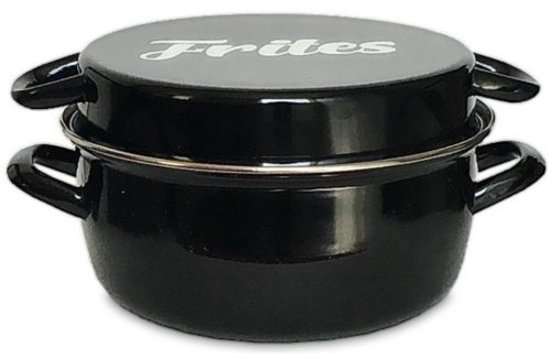 Geëmailleerde friteuse 26 cm zwart met mand en glazen deksel test