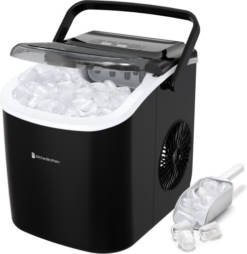 KitchenBrothers – 1.2L – IJsblokjesmachine – 12kg/24 uur – IJsblokjesmaker – IJsschep – Draagbaar – Zelfreinigingsfunctie – Zwart review: snel ijsblokjes voor je thuisbar