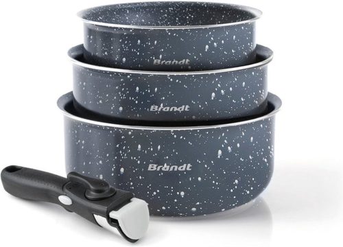 Set van 3 sauspannen met afneembaar handvat – Grijs marmer / Zwart review: ruimtebesparende anti-aanbak pannen